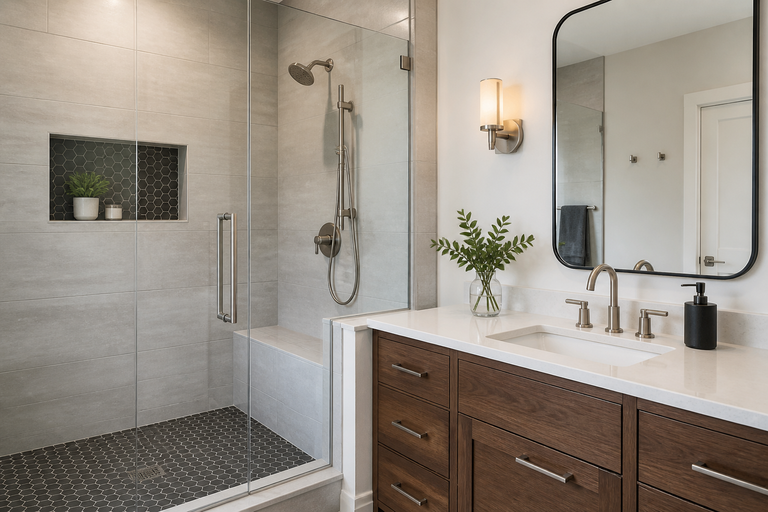 Bathroom renovation with tile shower and modern vanity