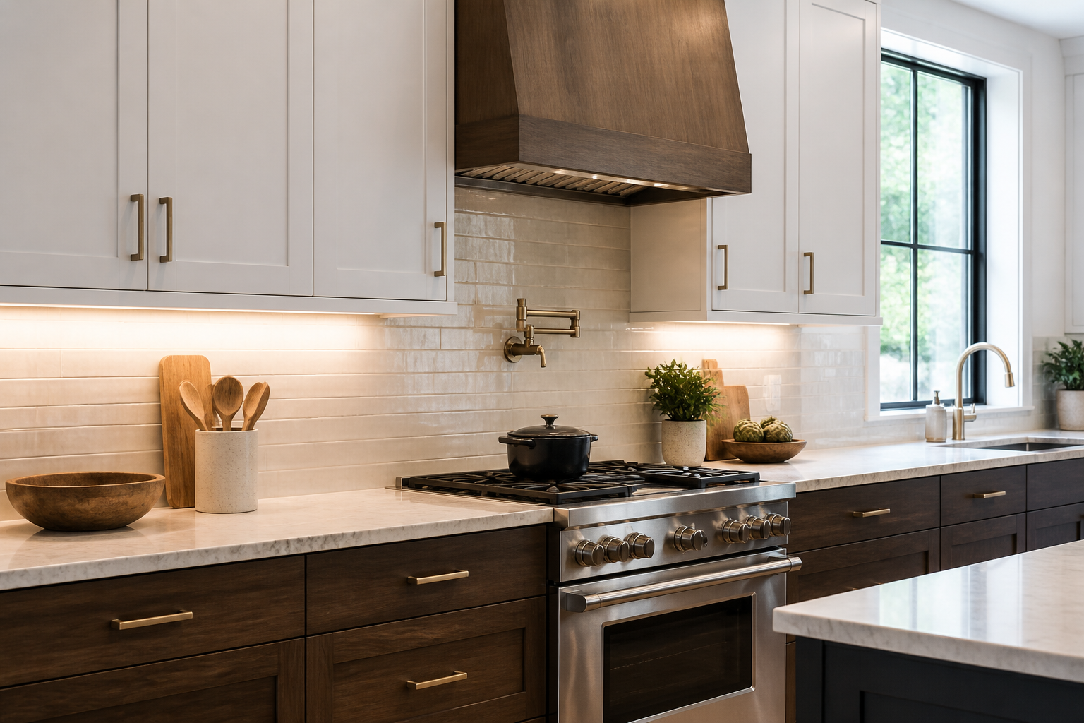 Kitchen remodel with cabinetry, counters, and tile backsplash